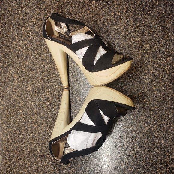 50%OFF!Qupid Sexy Platform High Heel Sandals Black Faux Suede On Wooden Heel - Picture 8 of 16